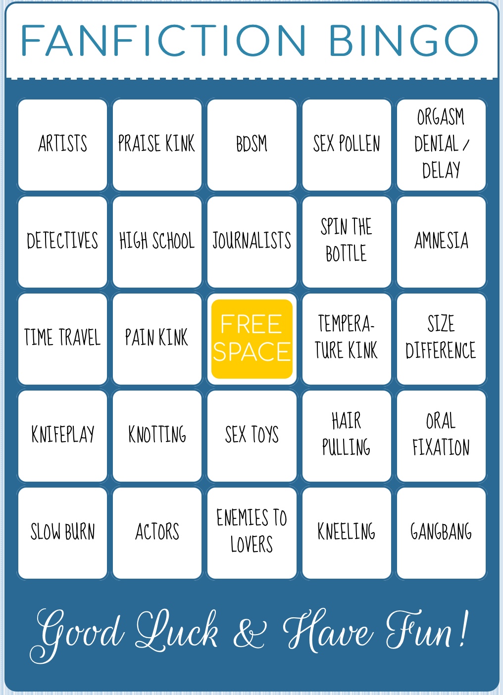 Fanfiction Bingo Card